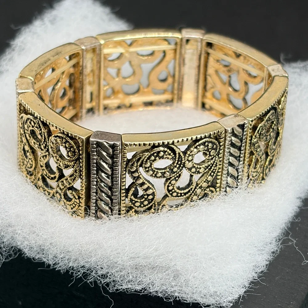 TWO Vintage Gold Tone Black Rhinestone Filigree Panel Stretch Bracelets Art Deco
